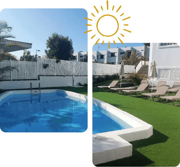 collage de dos fotos de la zona de la piscina de apartamentos miami playa